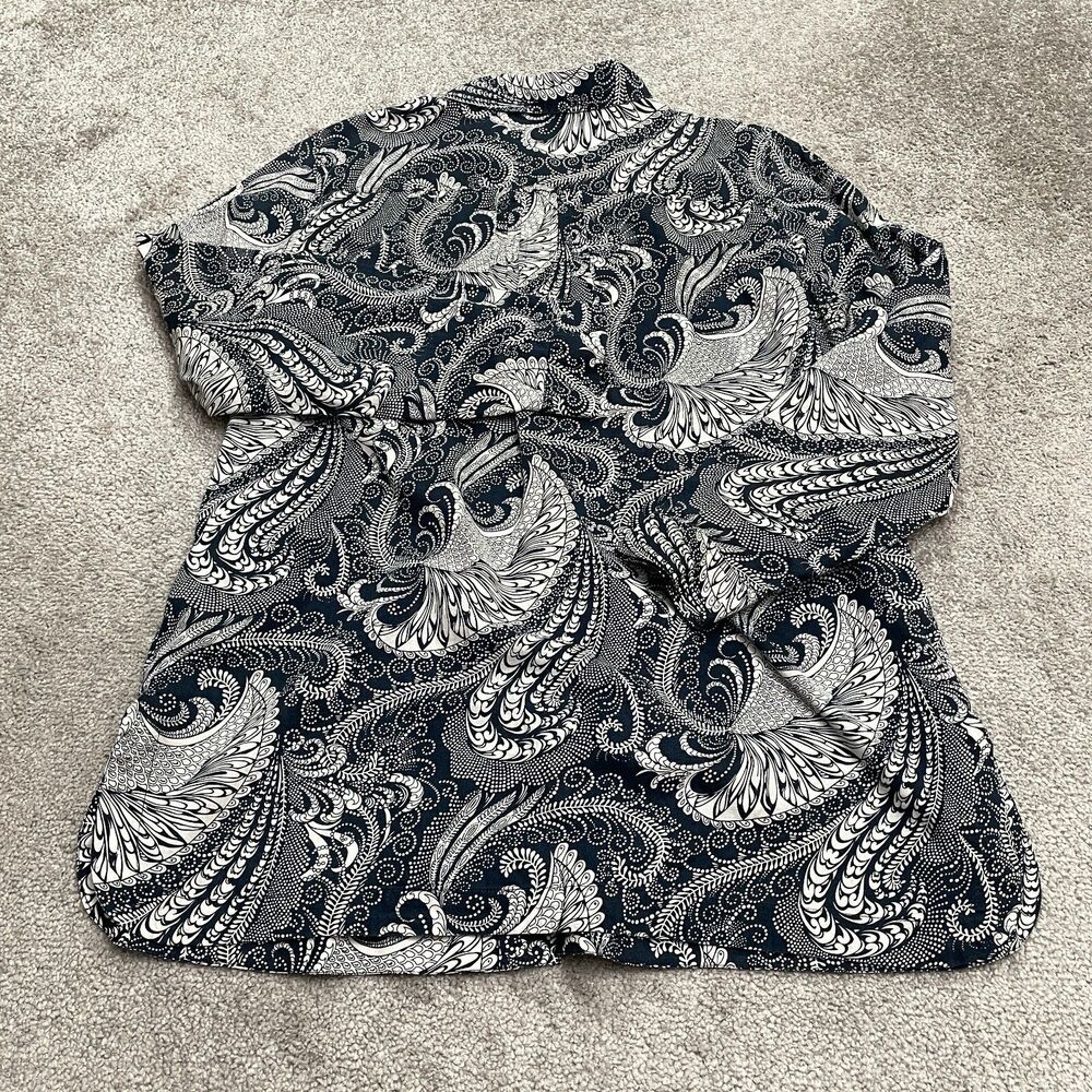 Talbots Paisley Button Down Shirt Blouse Womens Large Navy Blue Logn Sleeve Top